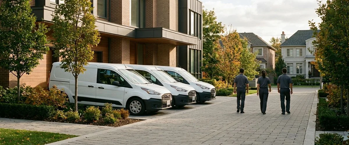 Plain white unmarked vans parked neatly in morning light