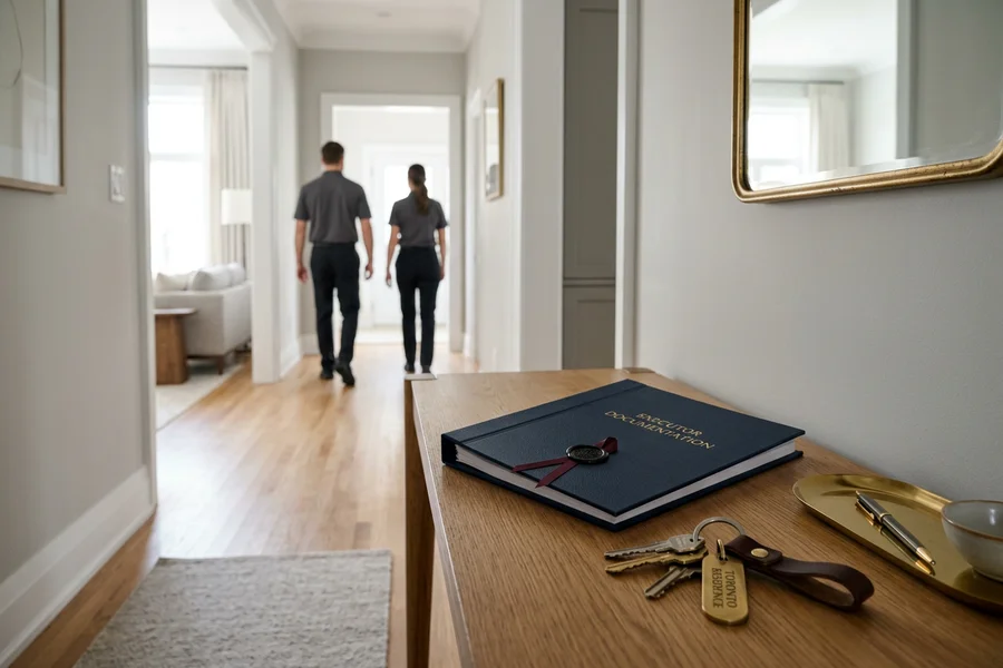 Executor documentation binder and house keys on a hall table at handoff