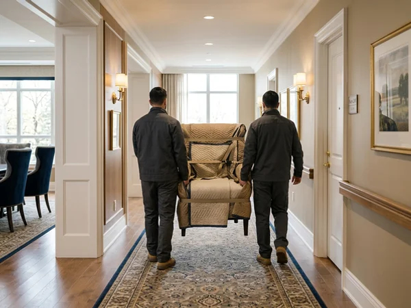Crew carrying a wrapped armchair into a retirement residence
