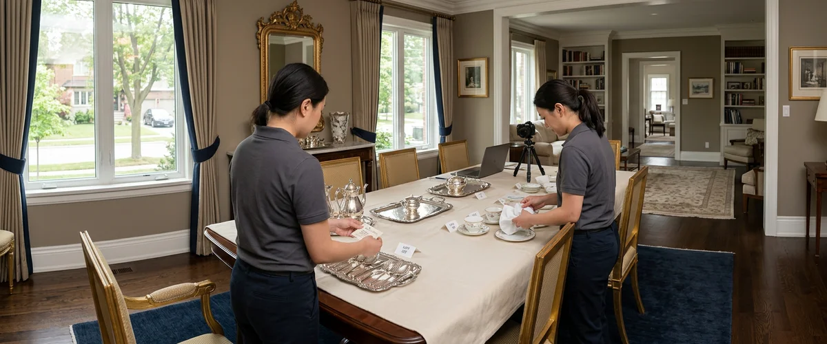 Two crew members cataloguing silver and porcelain for auction on a covered dining table