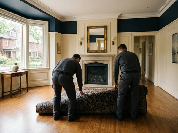 Crew lifting an old rug before staging