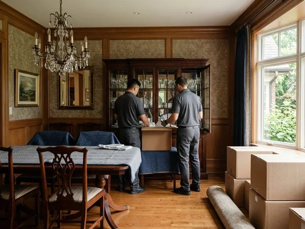 Crew packing a china cabinet into padded boxes
