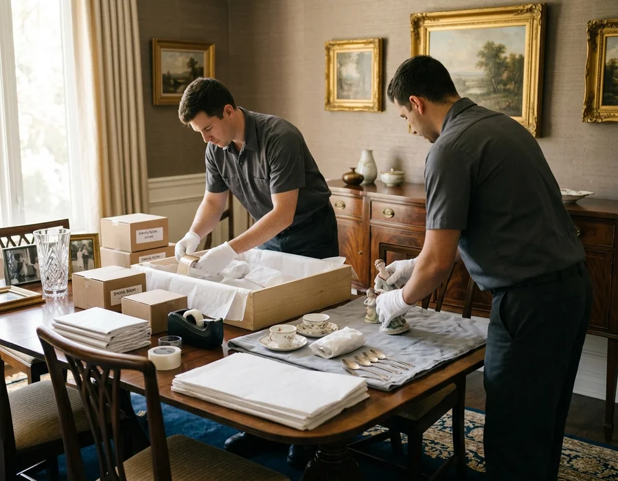 Two crew members wrapping family heirlooms in tissue at a dining table
