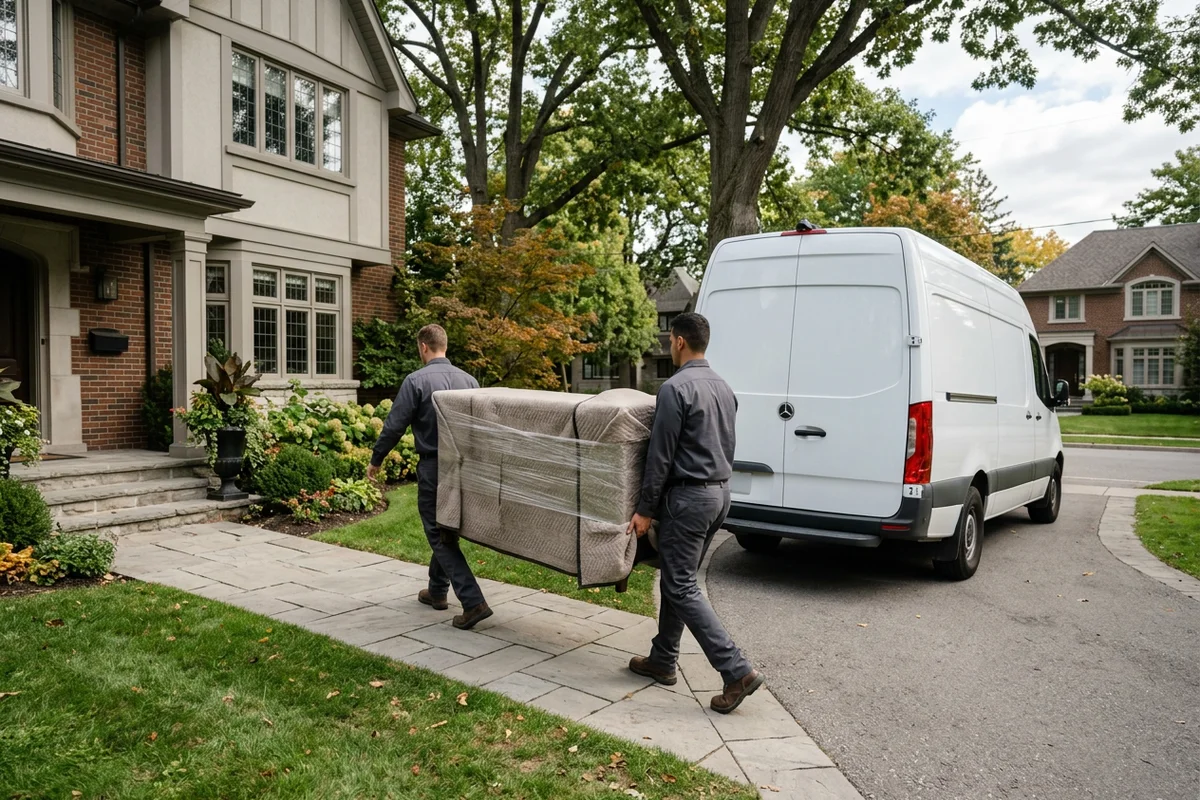 Two crew members carrying wrapped furniture from a family home to an unmarked van