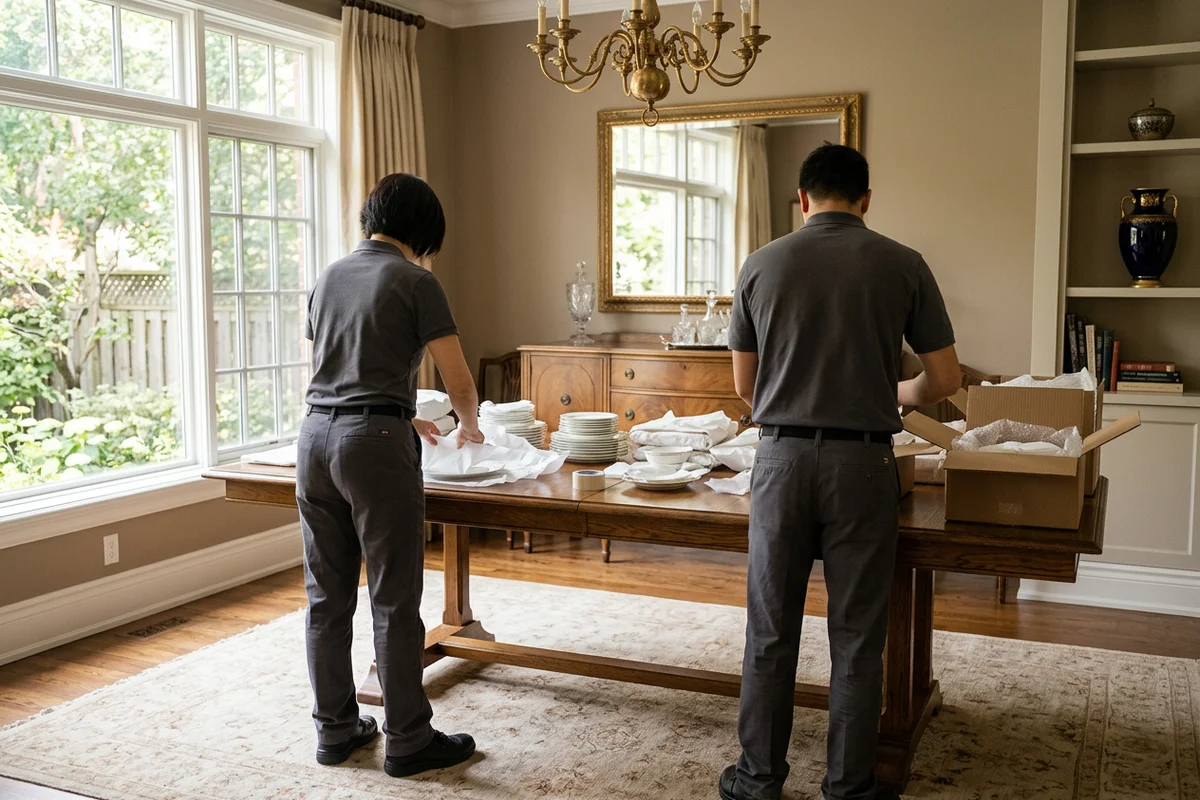 Two Estate Clearing Toronto crew members wrapping family china at a sunlit Rosedale dining table