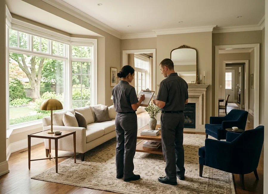 Two estate clearing team members reviewing an inventory clipboard together in a sunlit living room